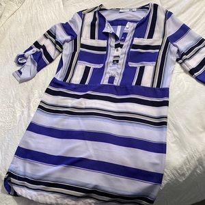 Blue and white striped shirt dress